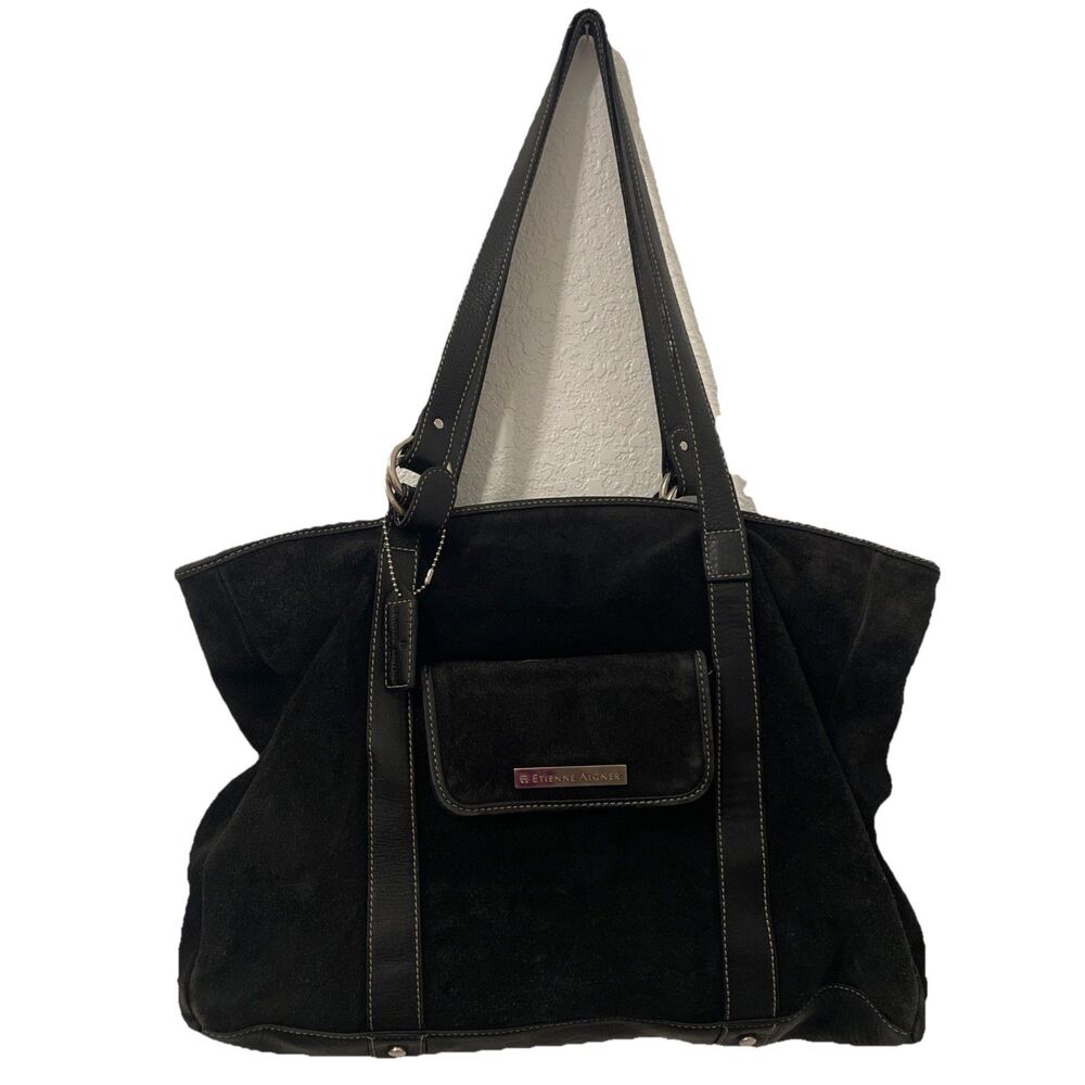 Etienne Aigner Genuine Leather Suede Shoulder Black Handbag Purse Tote Flaw